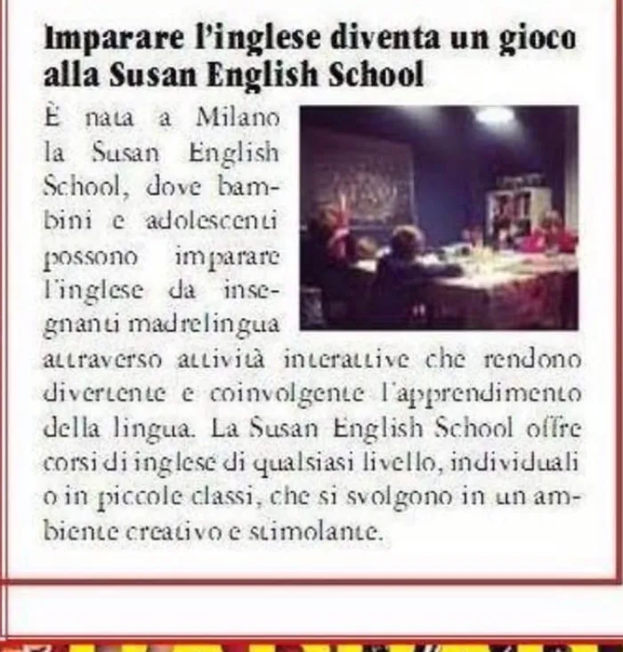 Ritaglio del settimanale Oggi con l'articolo: Imparare l'inglese diventa un gioco alla Susan English School